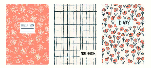 Cover page templates based on patterns with flowers in Ditzy style, gridlines. Headers isolated, replaceable Set of cover page templates based on patterns with anemone, poppy flowers in Ditzy style and gridlines. Backgrounds for notebooks, notepads, diaries. Headers isolated and replaceable workbook paper checked mesh stock illustrations