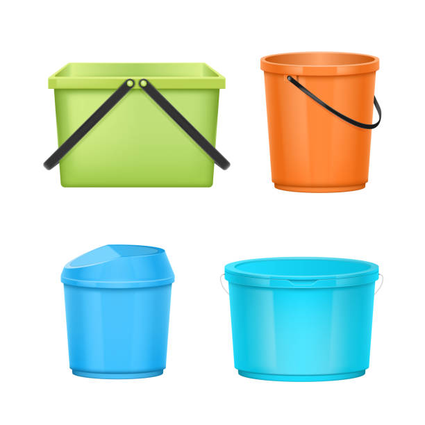 istock Set of plastic bucket realistic. Household or garden pails, trash bin with lid and handle 1406606153