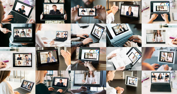 business collage remote work people online chat stock photo