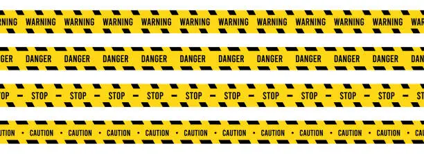 Vector illustration of Caution, safety tape. Yellow, black stripe danger tape for atterntion, hazard ribbon. Police, construction area sign banner, barrier symbol