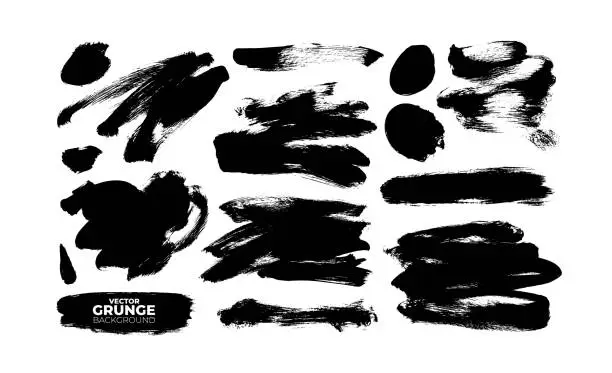 Vector illustration of Vector black paint brushstrokes collection. Dry grunge design element, box or background for text.