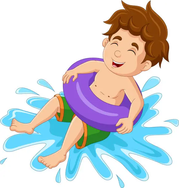 Vector illustration of Cartoon little boy floating with inflatable ring