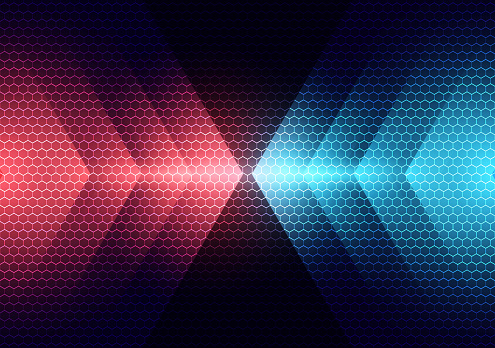 Abstract technology futuristic concept red and blue light arrows on hexagons pattern background. Vector illustration