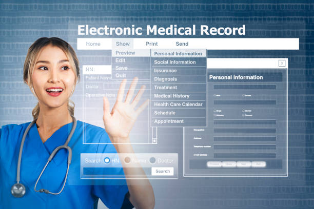 Female doctor with display screen showing electronic medical record. Female doctor with display screen that showing electronic medical record on blue binary code background. electronic medical record stock pictures, royalty-free photos & images