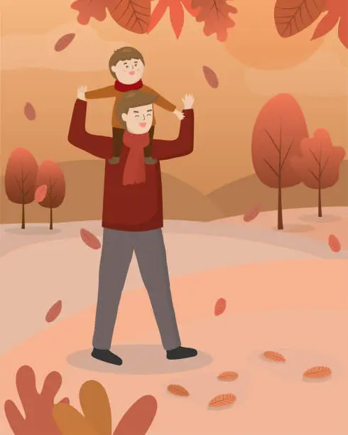 Vector illustration of Father and son in park on autumn season