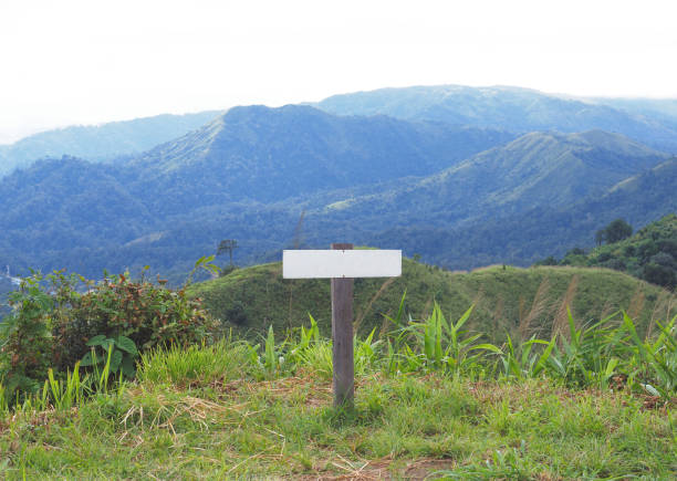 istock Empty white board on signpost on the mountain. 1406623484