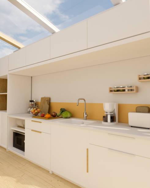 istock Modern luxury white kitchen interior with white kitchen cabinet and glass roof. 1406624882