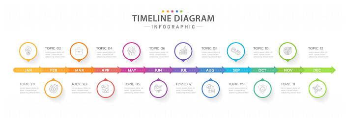 Infographic template for business. 12 Months modern Timeline diagram calendar with arrows, presentation vector infographic.