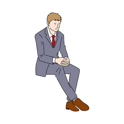 Illustration of a businessman sitting melancholy (white background, vector, cut out)