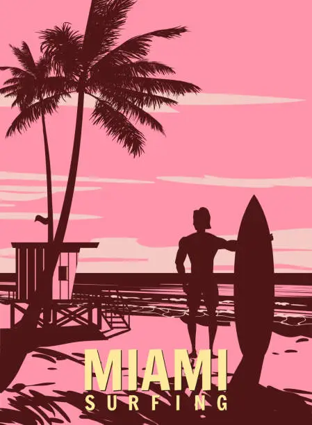 Vector illustration of Miami Beach Retro Poster, surfer with surfboard. Lifeguard house on the beach, palm, coast, surf, ocean. Vector illustration vintage