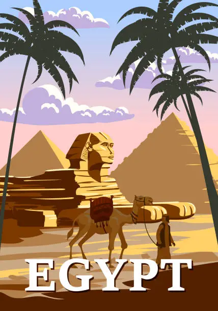 Vector illustration of Vintage Poster Ancient Egypt Pharaoh Pyramids Sphinx . Travel to Egypt Country, Sahara desert, camel with egyptian. Retro card illustration vector