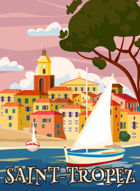 Travel Poster Saint-Tropez France, old city Mediterranean, retro style. Cote d Azur of Travel sea vacation Europe. Vintage style vector illustration Travel Poster Saint-Tropez France, old city Mediterranean, retro style. Cote d Azur of Travel sea vacation Europe. Vintage style vector illustration isolated france village blue sky stock illustrations