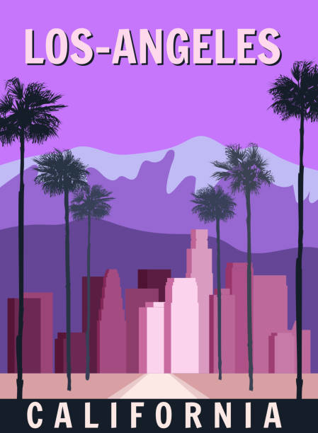 Los Angeles retro poster, downtown, cityscape. Vintage, scene California Los Angeles retro poster, downtown, cityscape. Vintage, scene California street, vector illustration hollywood california stock illustrations