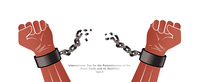 Vector art of handcuffed Hand. Template for International day for the remembrance of the Slave Trade and Its Abolition design. Pigeon the symbol of freedom and peace. Raising hands. Fist of hand.