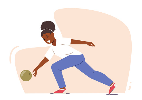 Kid Character Playing Bowling, Little African Girl Wearing Shoes Spend Time in Bowling Club on Weekend, Relaxed Sparetime. Baby Throw Ball to Hit Pins. Active Leisure. Cartoon Vector Illustration