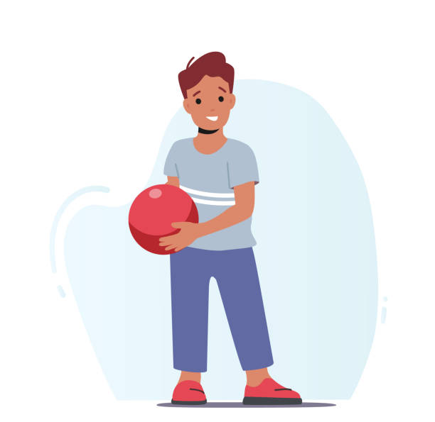 счастливый �маленький мальчик персонаж в повседневной одежде, держащий шар для боулинга, готовится к идеальному удару в переулке - bowling holding bowling ball hobbies stock illustrations