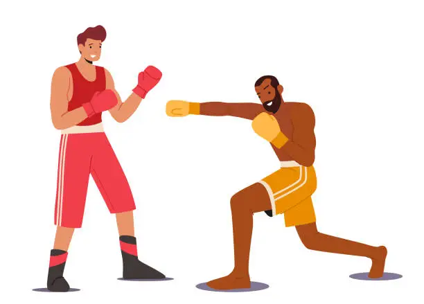 Vector illustration of Two Athletic Men Wear Gloves Boxing on Sports Ring. Couple of Male Characters Sportsmen Boxers Punching and Attacking