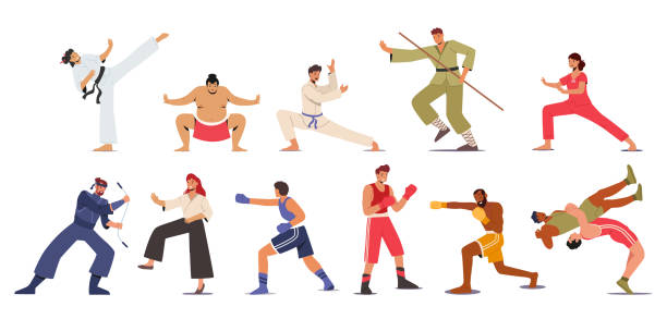 ilustrações, clipart, desenhos animados e ícones de set artes marciais, competição esportiva, personagens apresentando diferentes combate karatê, sumô, bojutsu, boxe ou luta livre - sportsman