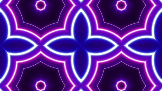 Glowing Kaleidoscope Pattern Tile Neon Light Texture Effect Digital Art Illustration Background.