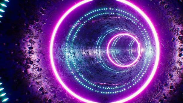 istock Glowing Neon Circle Light Rusty Metal Tunnel 3D Rendering 1406642800
