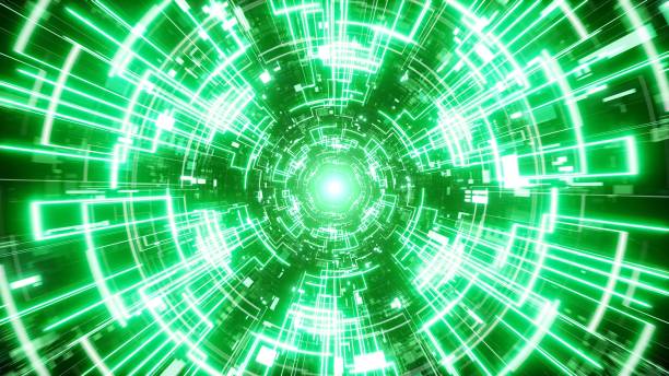 istock Bright Green Color Electrical Circuit Pattern Line Tunnel 1406642926