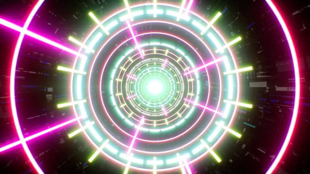 istock Colorful Circle Lights and Glowing Laser Beam Disco VJ Concept Background 1406642940