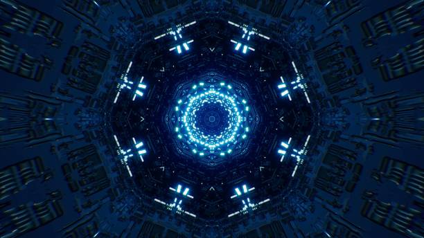istock Glowing Blue Polygon Star Light in the Sci Fi Gate Tunnel 3D Rendering 1406643023