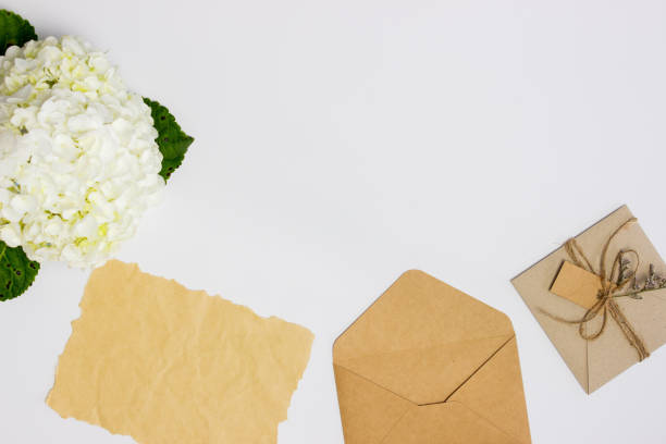 istock White hydrangea with craft envelop and letter over the white background. 1406643924