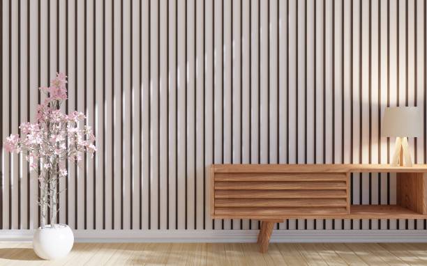 istock Wall mockup slat black color living room interior 1406644247