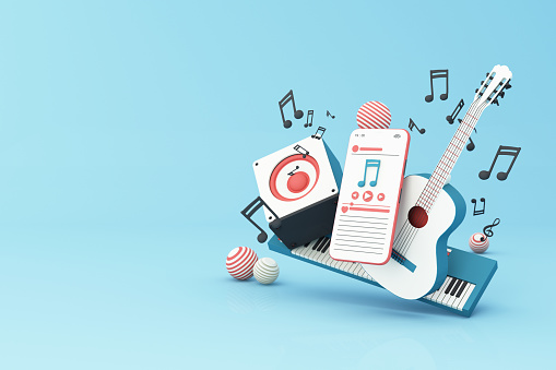 Electric piano keyboard and guitar surrounded by speakers, headphones, smart phone with song play list and music key note isolated on pastel background. 3d rendering