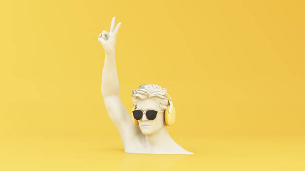 minimalistyczna scena okularów przeciwsłonecznych i słuchawek na rzeźbie ludzkiej głowy, koncepcja muzyczna na żółtym tle, rendering 3d. - in hand audio zdjęcia i obrazy z banku zdjęć