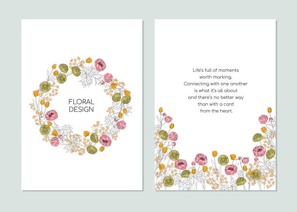 istock Greeting card template in minimalistic line art style. Flowers Tulip, Pion, Ranunculus, eucalyptus. Editable line. Vector illustration. Vector illustration 1406651322