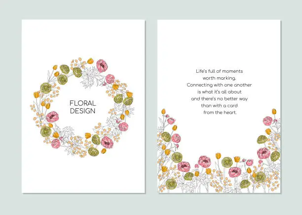 Vector illustration of Greeting card template in minimalistic line art style. Flowers Tulip, Pion, Ranunculus, eucalyptus. Editable line. Vector illustration. Vector illustration