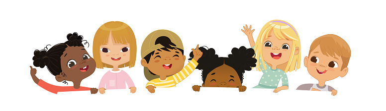 Happy multicultural children hold a blank poster. Template for advertising brochure. Cute little kids on a white background panorama template. Funny cartoon character. Vector cartoon illustration. Isolated on white.
