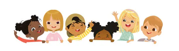 Vector illustration of Happy multicultural children hold a blank poster. Template for advertising brochure. Cute little kids on a white background panorama template. Funny cartoon character. Vector cartoon illustration. Isolated on white