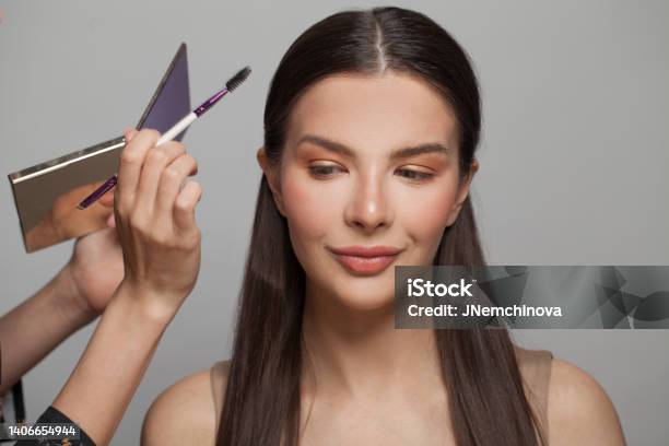 Beautiful Female Model Face Closeup And Makeup Artist Hands With Brush And Eye Shadow Palette Stock Photo - Download Image Now