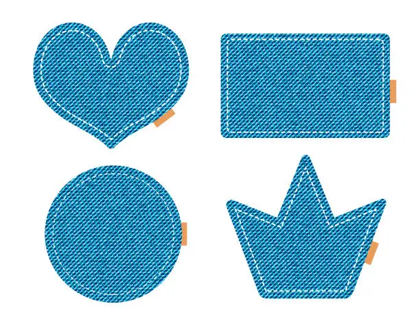 Vector illustration of Denim patches in different shapes - heart, crown, circle, rectangle. Blue jeans pieces or badges with white stitch, vector illustration on white background