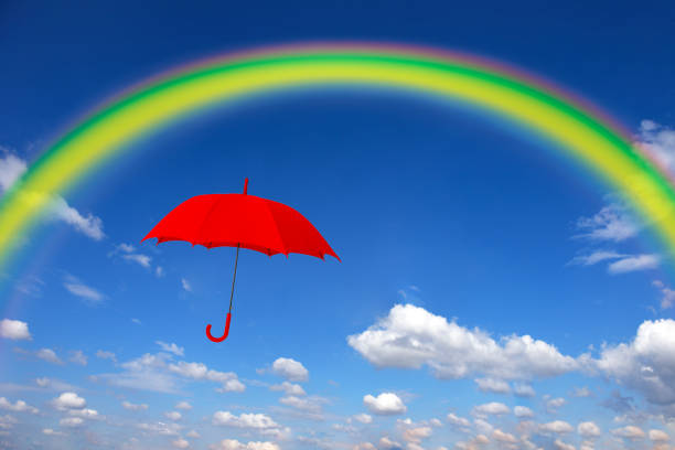 Red umbrella floating in mid-air with rainbow against blue sky with copy space.
