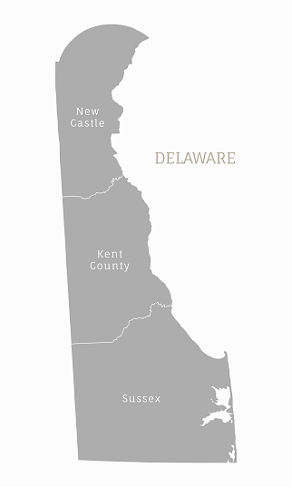 Highly detailed gray map of Delaware, US state. Administrative Delawarean map with territory borders and counties names labeled realistic vector illustration