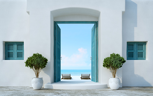 Puerta de estilo Santorini abierta a la playa y vistas al mar.3d representación photo