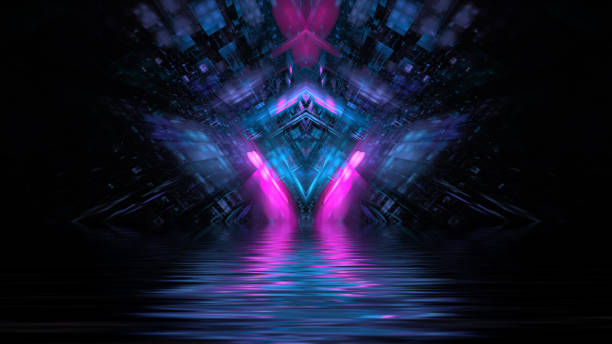 istock Digital interior building Hi tech Abstract data center server tonel. Business technology blurred Polygonal geometric digital cyberpunk space, color light. 3D render 1406660239