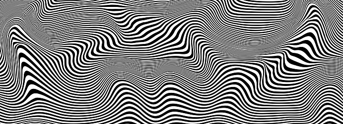 Abstract optical illusion wave. A flow of black and white stripes forming a wavy distortion effect.
