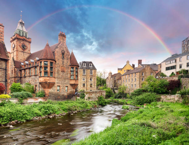 Rainbow over Dean village in Edinburgh, Scotland stock photo