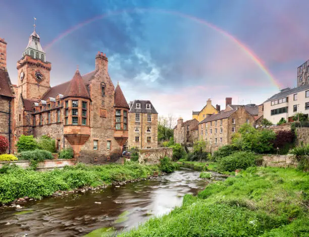 Photo of Rainbow over Dean village in Edinburgh, Scotland