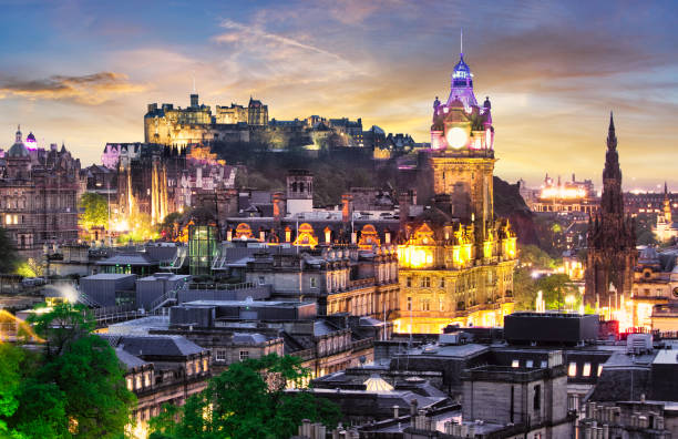 Edinburgh city and castle from Calton Hill at sunset, Scotland, UK stock photo