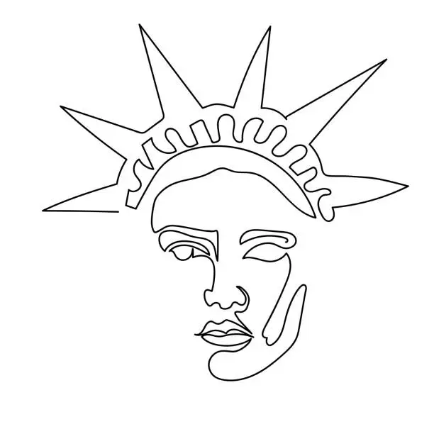 Vector illustration of One line Statue of Liberty face.  Minimalist continuous linear vector illustration. Patriotic modern wall art.