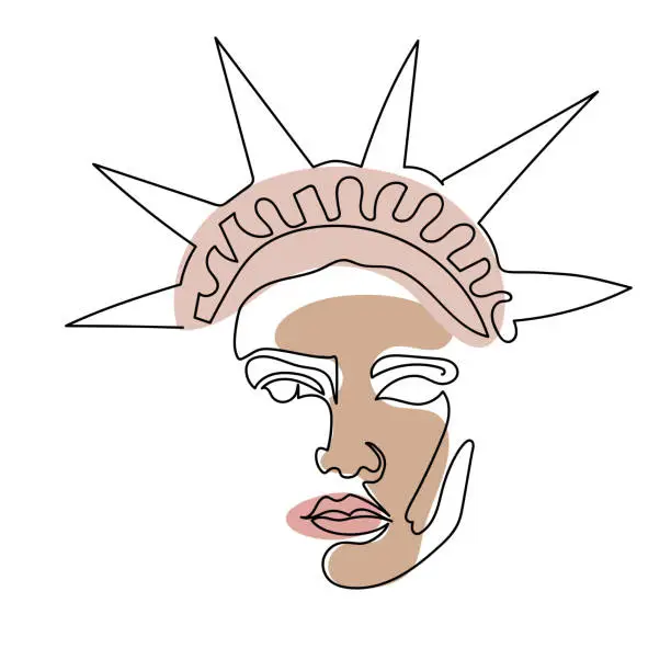 Vector illustration of One line Statue of Liberty face.  Minimalist continuous linear vector illustration. Patriotic modern wall art.