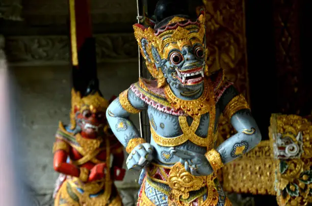 Typical barong statue in balinese temple shoot in medium close up.