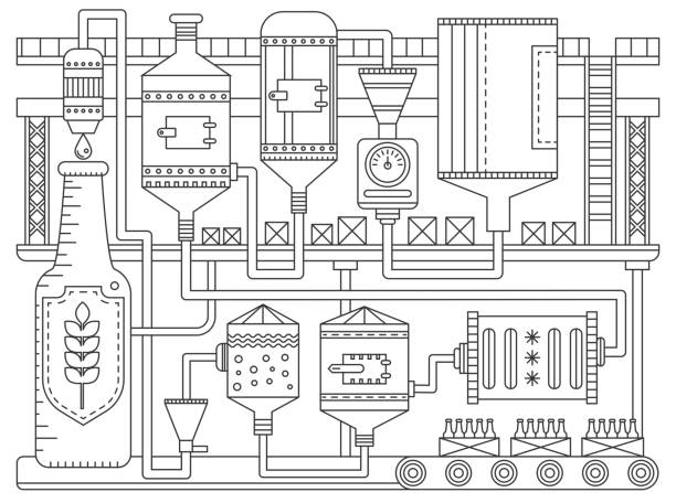 Craft beer production thin line infographic process with fermentation, filtration Craft beer production thin line infographic vector illustration. Abstract outline manufacturing process with equipment, fermentation ingredients, filtration with automation machines, storage steep stock illustrations