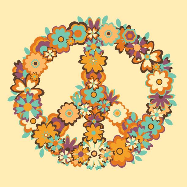 peace A hippie symbol Peace decorated with various flowers in trendy retro colors on beige background. 1970 pictures stock illustrations